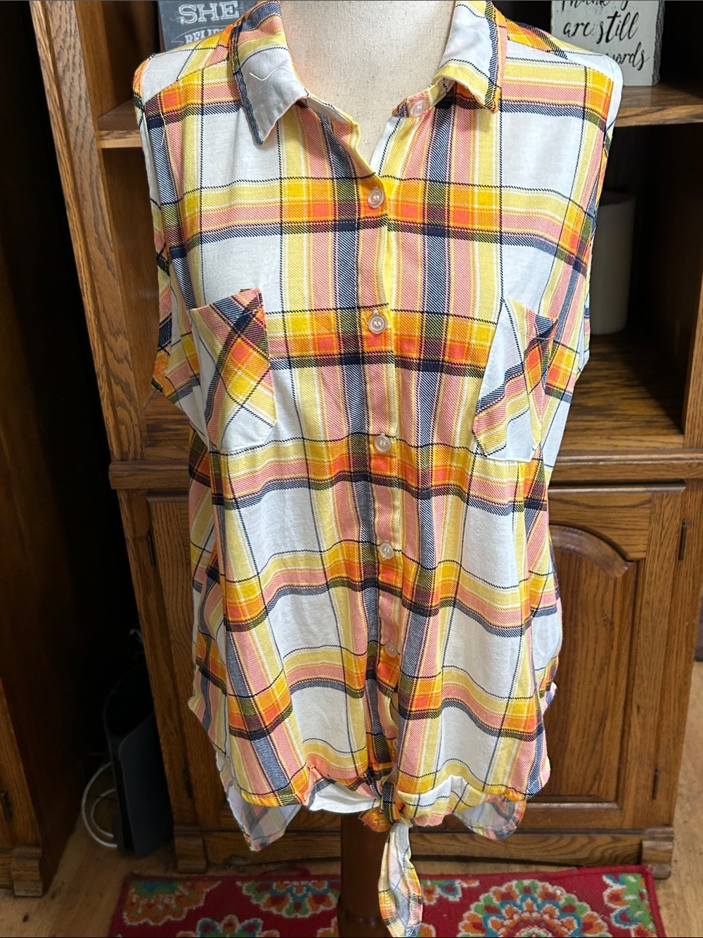 New York Laundry Yellow & Orange Plaid Tie-Hem Button Front  High-Low Shirt XL